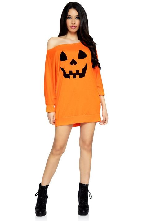 Black Fishnet Tights, Pumpkin Halloween Costume, Halloween Trends, Long Sleeve Jersey Dress, Pumpkin Dress, Halloween Onesie, Cotton Jersey Dress, Pumpkin Costume, Costume Collection