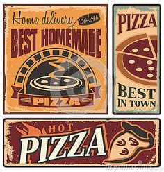 Retro metal signs set for pizzeria Retro Pizza, Vintage Pizza, Pizzeria Design, Pizza Poster, Pizza Logo, Pizza Art, Retro Tin Signs, I Love Pizza, Retro Metal Signs