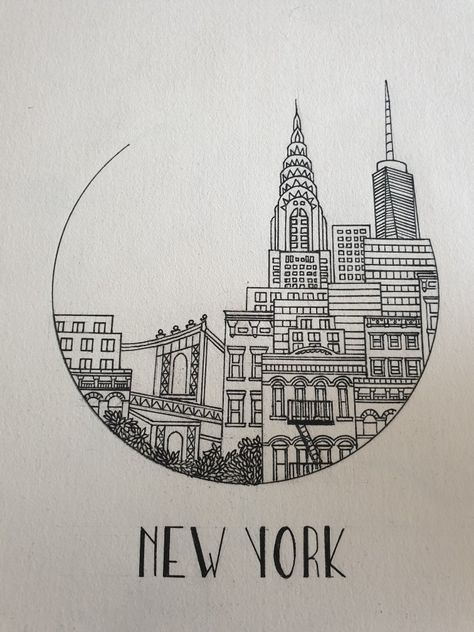 New York City Drawing Easy, Nyc Skyline Sketch, How To Draw New York, New York City Doodles, New York Sketch Easy, New York Drawing Sketches, New York Sketches, New York Embroidery, New York Art Drawing