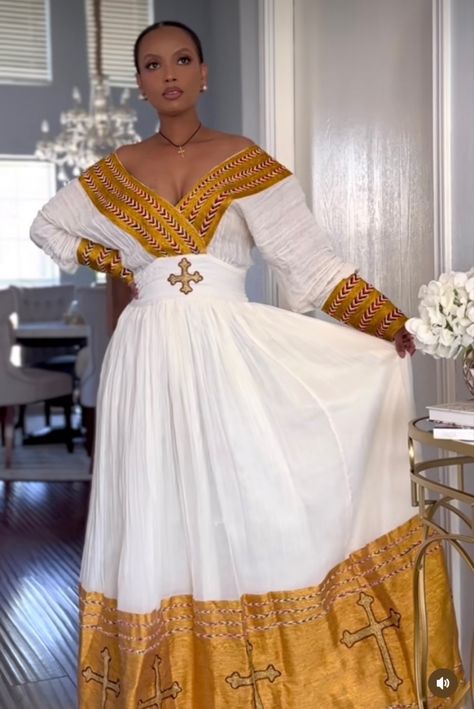 Yellow Ethiopian Dress, Off The Shoulder Habesha Kemis, Graduation Habesha Kemis, Habesha Culture, Ethiopian Hair, Ethiopian Dresses, Ethiopian Wedding Dress, Eritrean Dress, Ethiopian Wedding