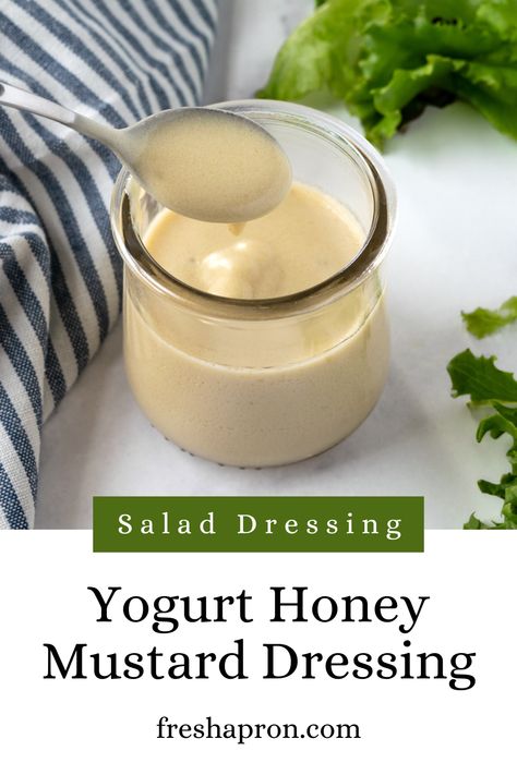 Yogurt Honey Mustard Dressing with a spoon in a glass jar on a white countertop. Dip For Chicken, Greek Yogurt Salad Dressing, Sweet Salad Dressings, Honey Salad Dressing, Healthy Dressing Recipes, Chicken Salad Dressing, Honey Mustard Salad Dressing, Mustard Salad Dressing, Greek Yogurt Sauce