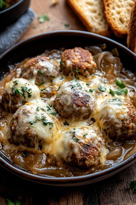 Dutch Meatballs, French Onion Meatballs Recipe, French Onion Meatballs, Pizza In A Mug, Onion Meatballs, Meatball Sandwich Recipes, Stealth Health, Protein Meat, Cheesy Meatballs