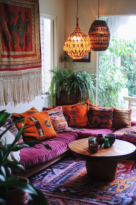 Transform your living room decor with a boho vibe! Featuring vibrant cushions, cozy rugs, and lush greenery, this space brings warmth and style any corner. Perfect for creating a cozy ambiance. #BohoLiving #HomeDecor #LivingRoomDecor 🌸🛋️ Floor Pillows Living Room Ideas, Simple Eclectic Living Room, Modern Hippie Living Room, Bold Boho Living Room, Cozy Hippie Living Room, Vintage Maximalism Living Room, Cozy Den Ideas, Cozy Maximalist Living Room, Hip Living Room