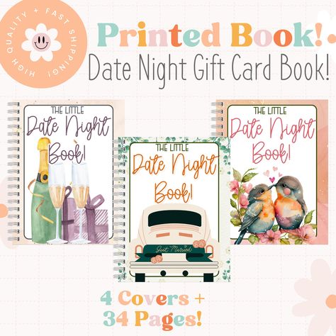 This listing is for a PRINTED GIFT CARD BOOK. Build Your Own Date Night Gift Card Book is the perfect gift for friends, family, spouses, or anyone you know in a relationship.  This Date Night gift card book is meant to be a fun gift to give for couples to celebrate their love with date nights. How it Works: Choose your cover and then the amount of pages you would like. You must fill in the personalization box when ordering. There are 4 cover options available and 34 gift card page options available. This Date Night Gift Card Book comes with a cover and 5, 10, 12, or 15 pages to hold gift cards.  What you will receive: A book printed and sent to you. Each book is: *  5x7 in size *  Has a cover and blank back page. *  Printed in full color, with a small white border around the page on thick Gift Card Book, Date Night Gift, Date Night Gifts, Marriage Books, First Year Of Marriage, Night Book, Card Book, Book Wedding, Bridal Shower Gift