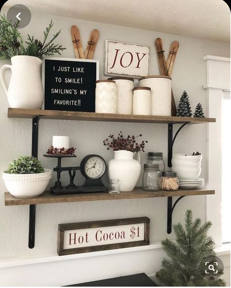 Kitchen Shelf Decor Farmhouse Style, Kitchen Shelf Inspiration, Ideal Farmhouse, Shelf Decor Farmhouse, Styled Kitchen, Farmhouse Shelves Decor, Farmhouse Hutch, Shelf Inspiration, Rental Ideas