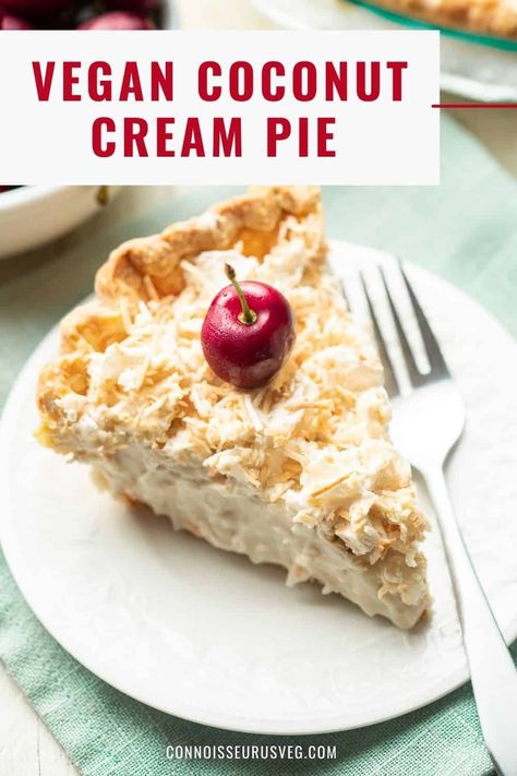 This vegan coconut cream pie is filled with luscious layer of coconut pudding covered in dairy-free whipped cream and toasted coconut. A decadent dessert that nobody would guess was eggless and dairy-free! Vegan Coconut Cream Pie, Vegan Coconut Cream, Homemade Snack Bars, Coconut Creme Pie, Dairy Free Whipped Cream, Vegan Pies Recipes, Cream Pie Filling, Whipped Cream Desserts, Coconut Cream Pie Recipes