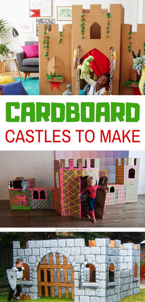 Wonderful cardboard castle playhouses for you to make! Your kids are going to go crazy for these! Cardboard Box Castle, Cardboard Forts, Castle Playhouse, Cardboard Play, Cardboard Playhouse, Kids Castle, Cardboard Castle, Cardboard Box Crafts, Activities For Boys