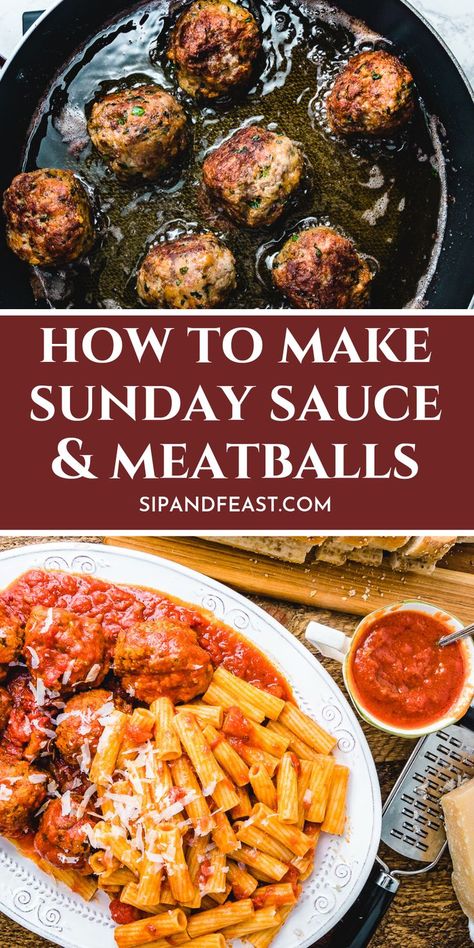 Making authentic Italian meatballs in Sunday sauce is simple with this step by step guide.  The pork and beef meatballs are made with parmigiano reggiano, parsley and garlic.  Recipe shows how to make the meatballs by either frying or baking them.  #meatballs #gravy #sauce #tomatosauce #italianfood Pork And Beef Meatballs, Meatballs Gravy, Authentic Italian Meatballs, Sauce And Meatballs, Italian Gravy, Homemade Italian Meatballs, Italian Meatballs Recipe, Garlic Recipe, Sunday Sauce