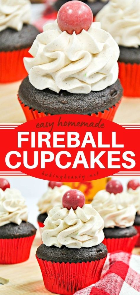 Fireball Cupcakes, easy father's day recipes, easy desserts to impress, cupcake ideas Guy Cupcakes Ideas, Cupcakes For Guys Birthday, Easy Boozy Cakes, Fire Ball Cupcakes, Chocolate Alcohol Cake, Boozy Chocolate Cupcakes, Fireball Cupcakes Recipe, Boozie Cupcakes, Boozy Cupcakes With Pipettes