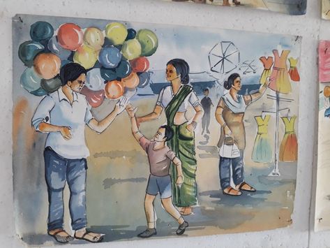 Watercolour Memory Drawing, Balloon Seller Memory Drawing, Ballon Seller Memory Drawing, Fair Scene Drawing, Book Fair Drawing, Balloon Seller Drawing, Market Scene Drawing Easy, Memory Drawing For Intermediate, Subject Drawing