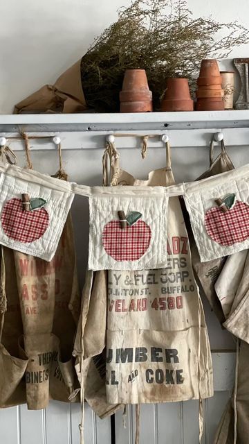 Primitive Apple Decor, Farm Diy Decor, The Halsey Homestead, Farmhouse Sewing Projects, Quilt Garland, Vintage Craft Room, Flannel Pillows, Vintage Grain Sack, Crafty Decor