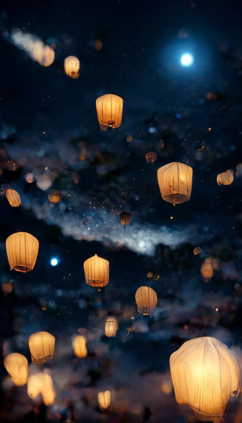 AI-generated Illustration starry sky #lantern #midjourney #wallpaper #illustration #background #scenery Sky Lanterns Wallpaper, Lanterns In The Sky, Lantern Aesthetic, Lantern Wallpaper, Hope Painting, Background Scenery, Lantern Image, Sky Lantern, Wallpaper Illustration