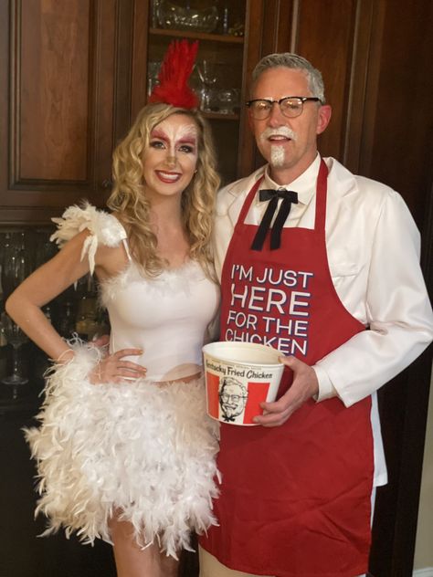 Kfc And Chicken Halloween Costume, Kentucky Fried Chicken Costume, Chicken Costume Makeup, Unique Couple Halloween Costumes Funny, Chicken Makeup Halloween, Kfc Couples Costume, Colonel Sanders And Chicken Costume, Chicken Costume Women's, The Grudge Costume