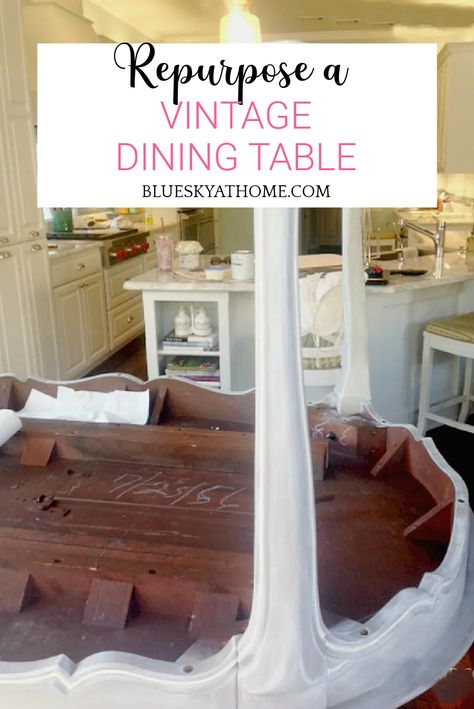 How to Paint a Vintage Dining Table. Repurposing vintage furniture with paint is a simple way to rescue old pieces. Step-by-step paint process. #blueskyathome #vintagetable #paintprojects #howtopaintavintagetable French Provincial Dining Table Makeover, Dining Table Refurbish Ideas, Dining Table Painting, Redo Dining Chairs, Victorian Dining Room Table, French Provincial Dining Table, Dining Table Redo, Country Dining Room Table, Updating Furniture