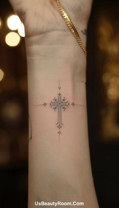 Female Wrist Tattoos Ideas, Tattoo Cross For Women, Cross Tattoos For Women On Wrist, Small Wrist Tattoo Ideas, Minimalist Symbols, Tattoo Designs With Meaning, Unique Cross Tattoos, Small Wrist Tattoo, Designs With Meaning