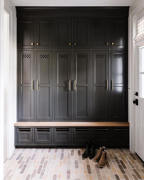 Rebekah Westover on Instagram: "Mood. Photo @rebekahwestoverphotography Design @remedydesignfirm Build @rcdentcustomhomes . . . #Mudroom #DreamHome #BrickFloors #BrickFlooring #Lockers #StorageIdeas #HomeOrganization #InteriorDesign #HomePhotography#Sherwin-Williams #urbanbronze" European Cottage Interiors, Mudroom Remodel, Mudroom Cabinets, Cottage Interior Design, Mud Room Entry, Beautiful Exterior, Mudroom Lockers, European Cottage, Countryside Cottage