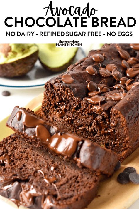 This chocolate avocado bread is a healthy chocolate bread packed with healthy fats from omega-3 naturally present in avocados. Plus, it's egg-free, dairy-free, and vegan too. Chocolate Avo Banana Bread, High Protein Avacodo Bread, Unprocessed Dessert Recipes, Chocolate Avocado Banana Bread, Avocado Baked Goods, Healthy Avocado Desserts, Avocado And Chocolate, Avocado Bread Recipes Healthy, Chocolate Avocado Bread