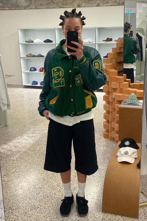 Green Hiphop Outfit, Varsity Jacket With Shorts, Clark’s Wallabee Outfit Women, Black Clarks Wallabees Outfit, Clark’s Wallabee, Clark’s Outfit, Clark’s Wallabee Outfit, Clarks Outfit Women's, Clark Wallabees Outfit Women's