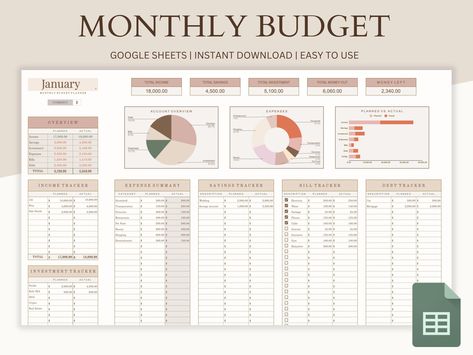 Take control of your finances with this Monthly Budget spreadsheet! This user-friendly spreadsheet will help you keep track of your income, expenses, bills, debts, investments and savings with ease. Our budget spreadsheet is created using Google Sheets, making it accessible from any device with an internet connection. The intuitive design and customizable categories allow you to track your expenses in a way that makes sense for you, and the built-in formulas will automatically calculate your bud Budgeting Sheet, Personal Budget Spreadsheet, Budget Sheet Template, Monthly Expense Tracker, Spreadsheet Design, Excel Budget Spreadsheet, Budget Spreadsheet Template, Monthly Budget Spreadsheet, Excel Budget Template