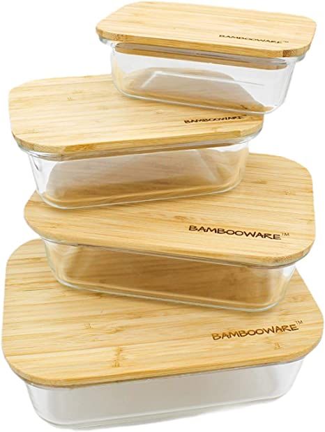 Amazon.com: Bambooware Glass Containers with Lids | Non Plastic Glassware Set - Natural Raw Organic Wooden Bamboo Lids | Set of 4 | Reusable, BPA Free | Perfect for Meal Prep, Lunch, Leftovers, Kitchen: Home & Kitchen Glass Containers With Lids, Meal Prep Lunch, Prep Lunch, Kitchen Containers, Cooking Supplies, Airtight Food Storage, Plastic Container Storage, Airtight Food Storage Containers, Kitchen Storage Containers