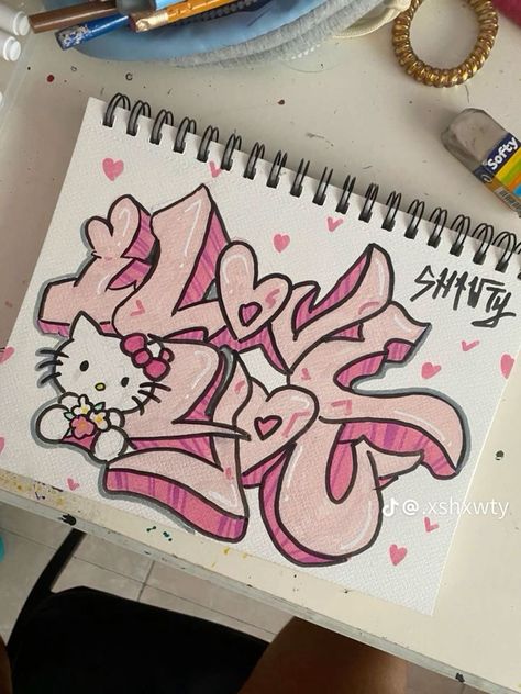 hello kitty Letter Drawings Doodles, How To Draw Words Letters, Cute Graffiti Drawings, Letter Font Ideas, Cute Easy Lettering, Graffiti Drawing Tattoo, Cute Things To Draw Hello Kitty, Cute Graffiti Letters, Cute Graffiti Art