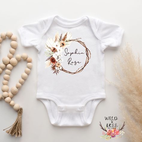 Newborn Name Onesie, Bohemian Baby Clothes, Boho Onesie, Boho Floral Nursery, Baby Cowgirl, Girl Onsies, Name Wreath, Baby Shower Shirts, Bohemian Baby