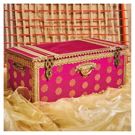 Pretty hot pink trousseau for an Indian bride. See more on wedmegood.com #wedmegood #Indianwedding #indianbride #trousseau #trunks #pink Trunk Makeover, Indian Wedding Gifts, Metal Trunks, Painted Trunk, Trousseau Packing, Wedding Gift Pack, Trunk Boxes, Bridal Boxes, Bridal Gift Wrapping Ideas