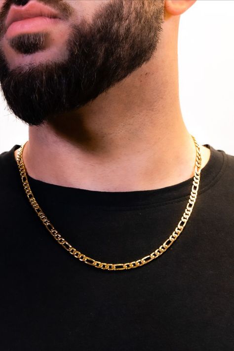 Male model wearing 5MM Gold Figaro Chain Mens Chain Designs, Men's Necklace Gold, Mens Gold Chain Necklace, Delicate Gold Jewelry, Trending Jewelry, Gold Jewelry Simple Necklace, Gold Chain Design, Mens Gold Jewelry, Mens Gold Bracelets