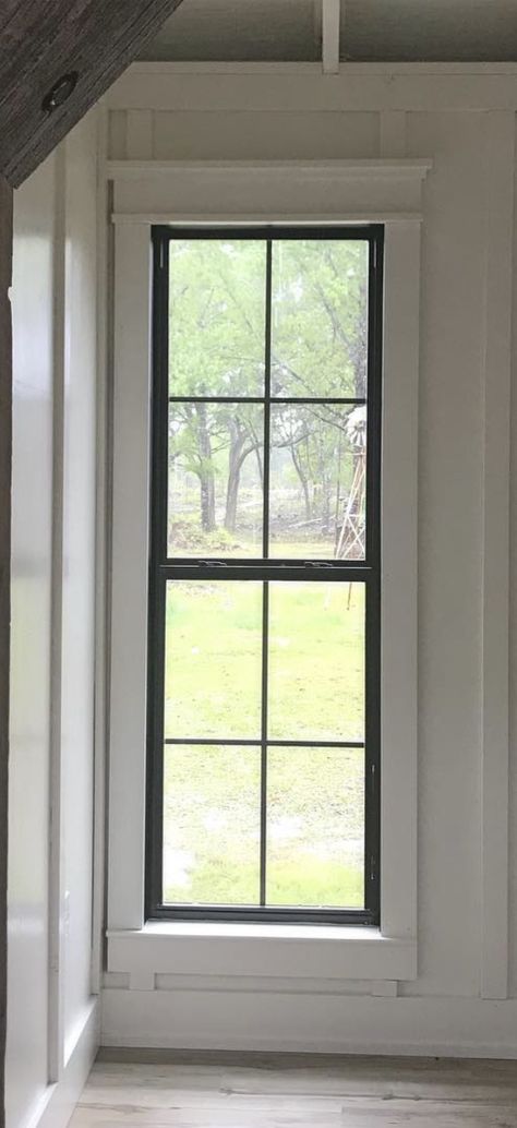 Narrow Window, Narrow Windows, Black And White Windows, Vertical Windows, Long Narrow Windows, Window Inspiration, Black Window Trim, Black Window, Cottage Style Windows