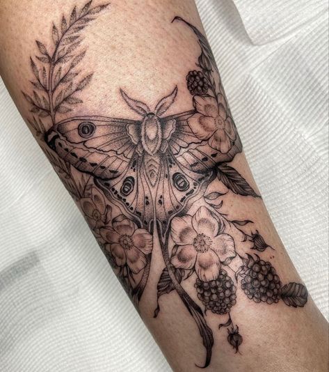 Insect Half Sleeve Tattoo, Moth Tattoo Sleeve Women, Lunar Moth Sleeve Tattoo, Art Deco Moth Tattoo, Luna Moth And Mushroom Tattoo, Botanical Hip Tattoos Women, Lunar Moth Forearm Tattoo, Moth And Flower Tattoo Sleeve, Tricep Tattoos Women Half Sleeves