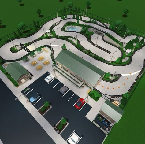 Bloxburg Amusement Park Layout, Business Ideas Bloxburg, Bloxburg Go Kart Track, Bloxburg Playground Ideas, Bloxburg Race Track, Crazy Bloxburg Builds, Bloxburg Waterpark Layout, Bloxburg Park Ideas, Bloxburg Business Ideas