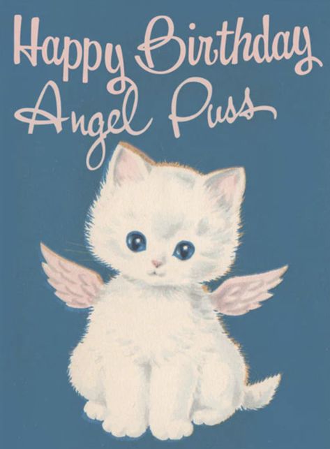 A winged kltten delivers birthday greetings in this Birthday greeting card from Hooligan Ruth! #LaughingElephant #VintageIllustration #Illustration #Ephemera #HappyBirthday #HooliganRuth Happy Birthday Angel, Kittens Vintage, Happy Birthday Art, Birthday Angel, Vintage Birthday Cards, Elephant Family, Retro Cats, Card Collection, Vintage Birthday