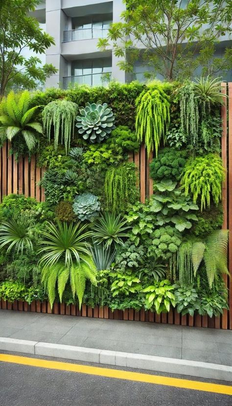 15 Chic Contemporary Fence Ideas to Elevate Your Home’s Curb Appeal 20 Vertical Garden Wall Fence, Plants Next To Fence, Plant Walls Outdoors, Plants On Wall Outdoor, Plant Wall Outdoor, Flower Wall Garden, Living Walls Outdoor, Contemporary Fence, Modern Yard