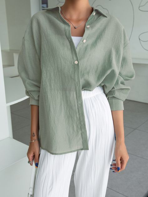 Mint Green Casual Collar Long Sleeve Fabric Plain Shirt Embellished Non-Stretch Spring/Summer/Fall Women Tops, Blouses & Tee Olive Green Shirt Outfit, Green Blouse Outfit, Linen Shirt Outfit Women, Causal Summer Outfits, Green Shirt Outfits, Mint Green Outfits, Olive Green Outfit, Linen Shirt Outfit, Mint Outfit