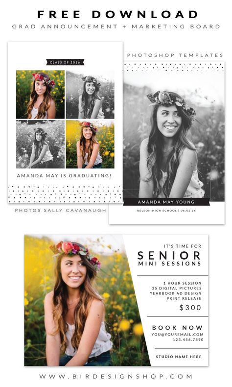 FREE Grad announcement and marketing board | Photoshop templates for photographers by Birdesign Senior Picture Advertisement, Senior Photography Advertisement, Photography Advertising Ideas, Photography Marketing Templates, Grad Announcements, Photography Templates, Photo Packages, Free Photography, Photography Marketing