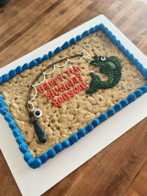 Mens Cookie Cake, Square Cookie Cake Decorating Ideas, Square Cookie Cake, Birthday Cookie Cake Designs For Men, Rectangle Cookie Cake, Fishing Birthday Party Cookies, Fishing Cookie Cake, The Big One Fishing Birthday Cookies, Cookie Cake Birthday Designs Boy