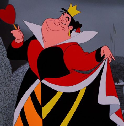 The Queen of Hearts is the main antagonist of Disney's 1951 animated feature film, Alice in Wonderland. She is the tyrannical and deranged ruler of Wonderland with a sadistic penchant for beheadings. When Alice arrives in the kingdom and inadvertently humiliates the monarch, the Queen of Hearts becomes obsessed with decapitating the girl. She also serves as one of the primary members of the Disney Villains franchise. Disney Villains Queen Of Hearts, Cartoon Queen Of Hearts, Heart Queen Alice In Wonderland, Queen Of Hearts Animated, Disney Characters Villains, Alice And Wonderland Queen Of Hearts, The Queen Of Hearts Alice In Wonderland, The Queen Of Hearts Aesthetic, Queen Of Hearts Cartoon