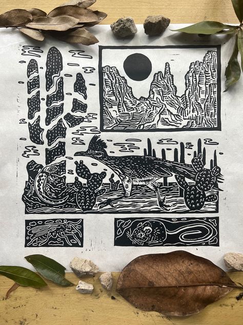 A hand-carved linoleum block print of a roadrunner moving through a fractured landscape. The inspiration for this series of fractured block prints comes from watching development eat away at natural spaces, important connectors for the health of the human, animal, and plant communities that reside alongside another. This print focuses on the Sonoran Desert with its ancient cacti, sunbathing lizards, and numerous animals that dwell below the earth.  Because each print is hand printed, there may be slight differences between the image shown here and the print that you receive. That's the beauty of prints though! Your print will be 100% unique, just as you are.  The paper size is approximately: 8x10 A note on paper: I print on a variety of high quality, handmade papers. The colors may be slig Desert Lino Print, Block Print Animals, Botanical Block Print, Art Print Inspiration, Lino Print Landscape, Desert Linocut, Block Print Ideas, Landscape Printmaking, Linoleum Print Ideas