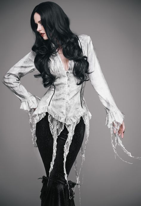 Fitted White Shirt, Gothic Blouse, Elegant Goth, White Goth, Gothic Costume, Estilo Rock, Asymmetrical Blouse, Chiffon Dress Long, Petal Sleeve