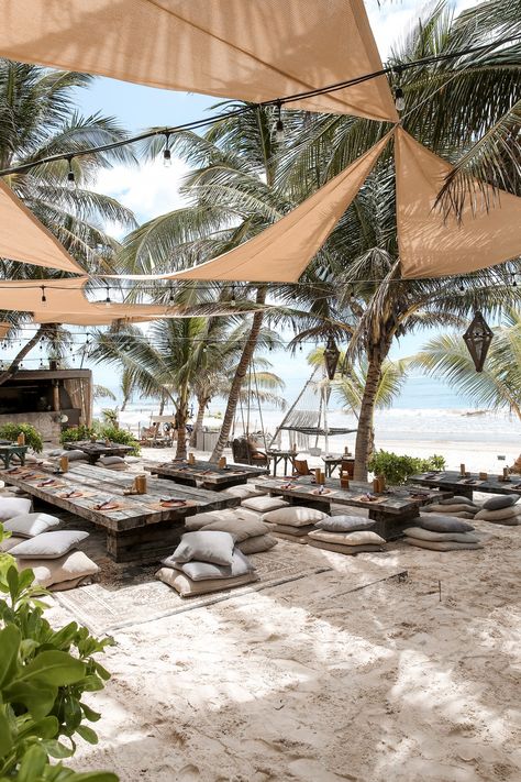 Tulum Beach Hotels, Beach Restaurant Design, Tulum Travel Guide, Outdoor Restaurant Design, Tulum Travel, Tulum Beach, Casa Country, Beach Lounge, Beach Cafe