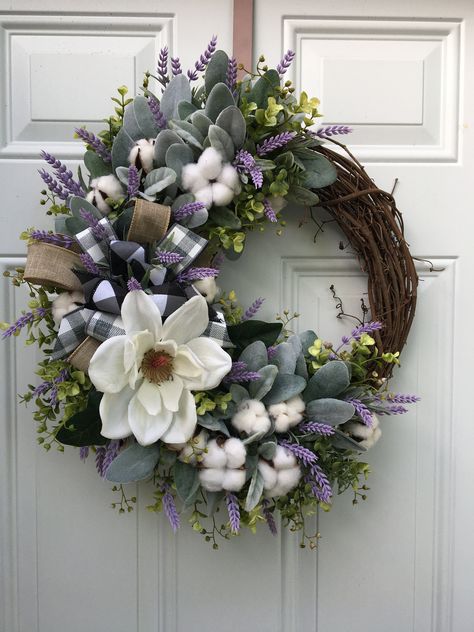 Hydrangea Wreath Summer, Farmhouse Style Wreath, Spring Lambs, Rustic Christmas Wreath, Handmade Farmhouse, Lambs Ear Wreath, Lavender Wreath, Cotton Wreath, Door Wreaths Diy