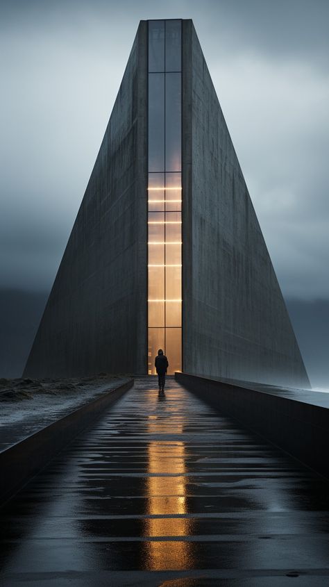 ultra wide angke cinematic photo of a mesmerically moody dark and gloomy massively monolithic scandinavian minimalism brutalist futuristic structure on an beach southern city intersection between two worlds with cloudy overcast and damp and dust styled Brutalist Futurism, Mysterious Architecture, Ancient Futurism, Monolithic Architecture, Corporation Building, Coast Architecture, Futurism Architecture, Architecture Renders, Brutal Architecture