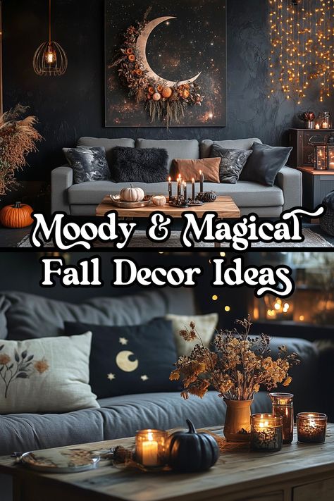 Fall Decor Ideas With a Witchy Style Edge: How to Make Your Fall Decor Cozy, Moody, & Magical — Moda Misfit | Small Apartment Styling + Cozy Living Moody Fall Aesthetic Decor, Whimsigoth Decor Ideas, Nerdy Living Room, Boho Witch Aesthetic, Witchy Fall Decor, Witchy Aesthetic Decor, Witchy House Decor, Witchy Room Aesthetic, Witchy Living Room