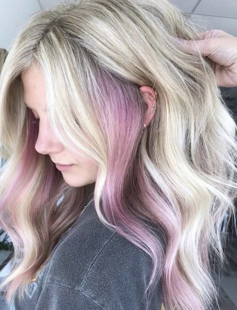 Pop Of Vivid Color Hair, Coloured Hair Underneath Blonde, Blonde With Fun Colors Underneath, Pastel Hair Underneath, Blonde Hair Color Streaks, Peekaboo Color On Natural Hair, Blonde With Pink Peekaboo Highlights, Hidden Colour Hair Blonde, Blond Hair With Fun Colors