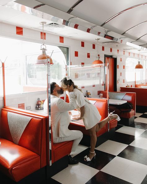 Retro Diner Wedding, Diner Engagement Photoshoot, 50s Diner Photoshoot, Retro Diner Photoshoot, Diner Engagement Photos, Diner Photoshoot, Diner Booth, Diner Aesthetic, 50s Diner