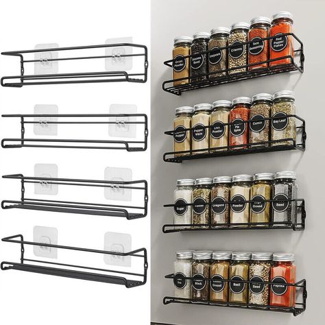 Product Deta Features: Spice Rack- This spice rack keeps the kitchen tidy and allows you to find the spice bottles immediately, which is suitable for the wall, kitchen cupboard, workshop and decoration It has two installation ways. You can hang the spice racks on the wall with adhensive stickers without driling or hang it with screws. Adhensive stickers and screws will be included in the package. Stable and durable. Our spice racks are made of metal. They are stainless and corrosion resistant. They can be hung firmly on the wall and will not fall down. The kitchen shelf is good for organizing the kitchen and is also used to organize the bathroom or for decoration in the living room or office. Spice Rack Jar- This spice tin set has discharge port and give you full control of the sprinkle am Organised Kitchen Cupboards, Cupboard Door Storage, Homemade Spice Rack, Kitchen Wall Storage Ideas, Spices Organization, How To Decorate Kitchen Shelves, Spice Rack Design, Spice Rack Ideas, Cupboard Organization