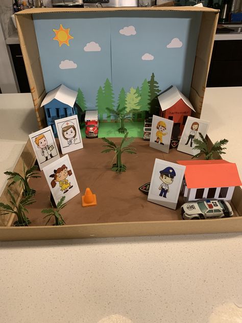 Community Diorama | Community Helpers | Diorama in a shoe box Shoe Box City Project, Shoebox Diorama School Projects, Diorama Ideas For Kids School Projects, Community Helpers Project, Community Project Ideas, Shoe Box Diorama, Shoebox Diorama, Diorama Kids, Summer School Activities