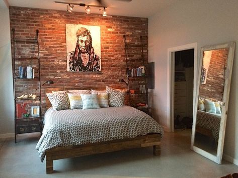 Lighting Ideas Bedroom Wall, Brick Accent Wall Bedroom, Lighting Ideas Bedroom, Exposed Brick Bedroom, Track Lighting Ideas, Bedrooms Design Ideas, Bedroom Brick Wall, Brick Wall Bedroom, Brick Wall Kitchen