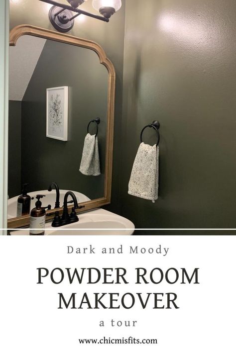 Small Bathroom Ideas Dark Walls, Dark Gray Half Bath, Dark And Moody Paint Schemes, Powder Room Green Walls, Kendall Charcoal Powder Room, Olive Powder Room, Powder Bathroom Paint Ideas, Powder Room With Black Fixtures, Dark Green Half Bathroom Ideas