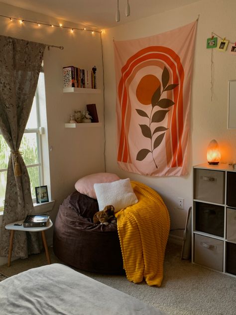 Beanbags In Living Room, Small Reading Nook Cozy Corner Book Shelves, Stuff To Put In The Corner Of Your Room, Bean Bag Chair Reading Nook, Bean Bag Room Decor, Bean Bag In Room Aesthetic, Bedroom Bean Bag Corner, Cosy Beanbag Corner, Saucer Chair Reading Corner